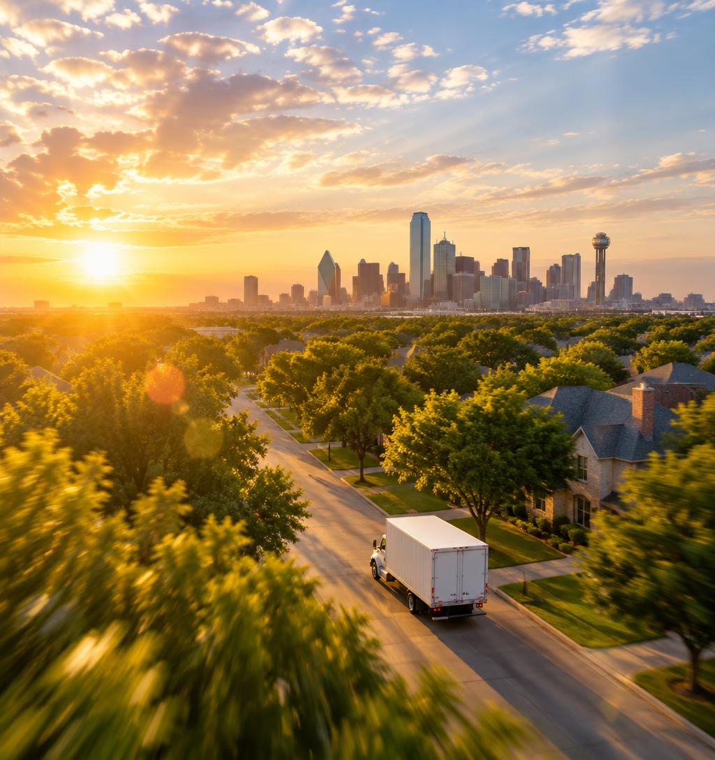 A Peak Performance moving truck rolling through a leafy Dallas neighborhood at sunrise
