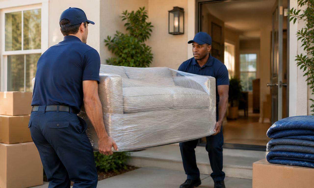 Peak Performance movers carefully carrying a wrapped sofa